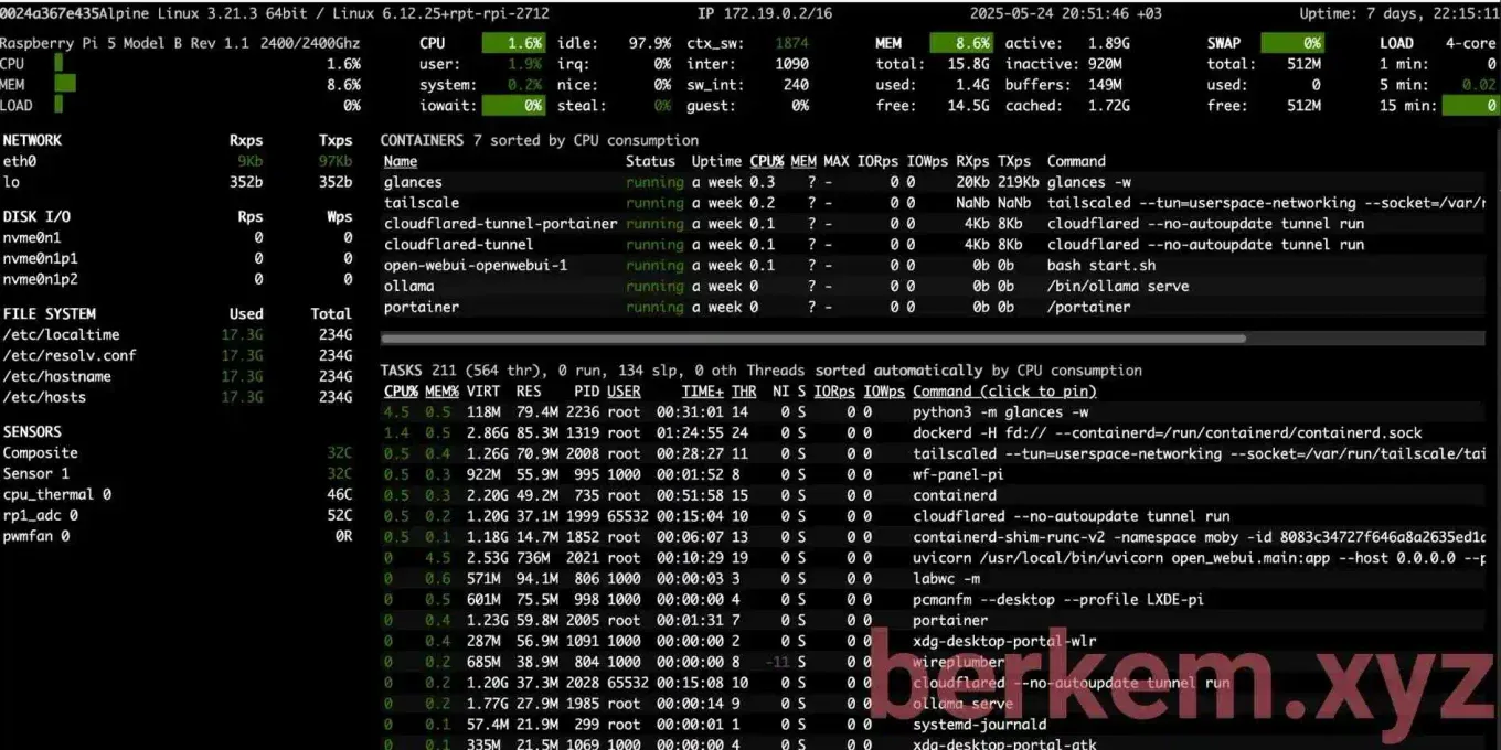 Glances system monitor showing CPU, memory and process stats for the Pi