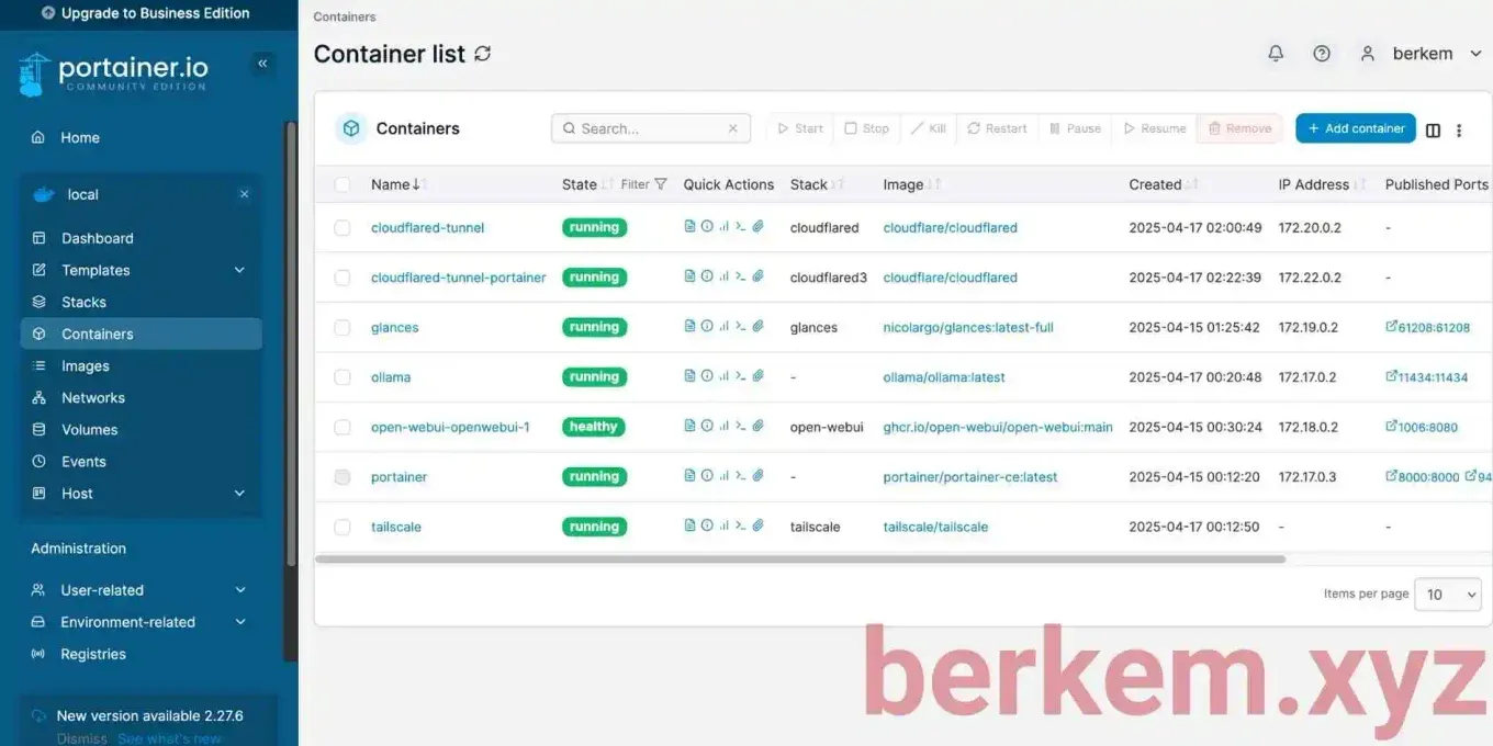 Portainer dashboard listing the Docker containers running on the Raspberry Pi
